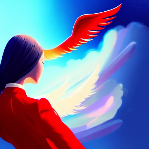 Prompt: giant droplets of water floating around a flying girl with wings, sky blue straight hair, low - angle shot from behind, red tailcoat, high collar, ultra fine detail, dark theme, digital painting, psychedelic, film still, cinematic, wlop, ilya kuvshinov, ross tran