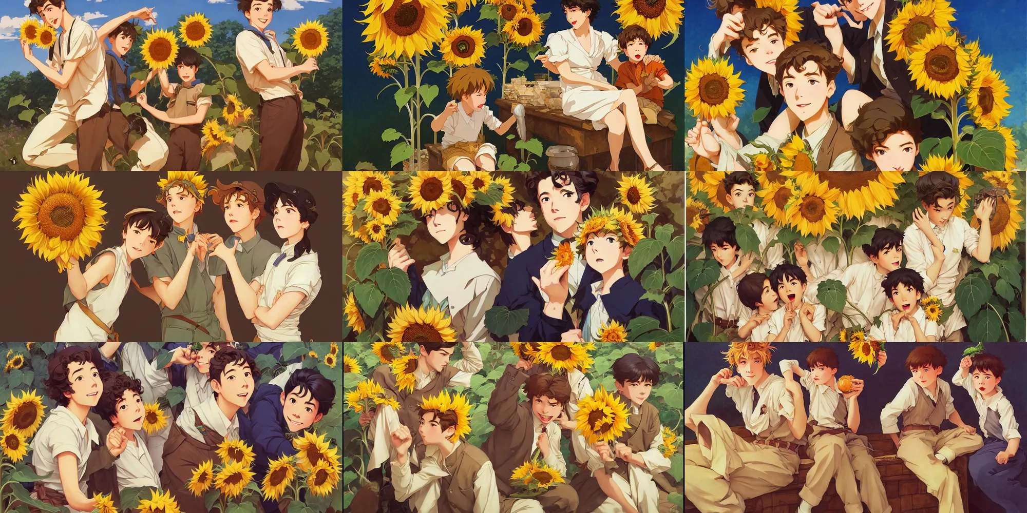 Prompt: sunflower, cute boys, in the style of studio ghibli, j. c. leyendecker, greg rutkowski, artgerm