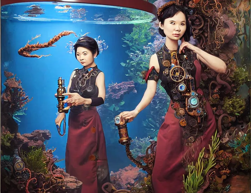 Prompt: southeast asian scifi alchemist in an aquascaped freshwater aquarium, wearing a lovely dress with steampunk details. this oil painting by the award - winning mangaka has an interesting color scheme and impeccable lighting.