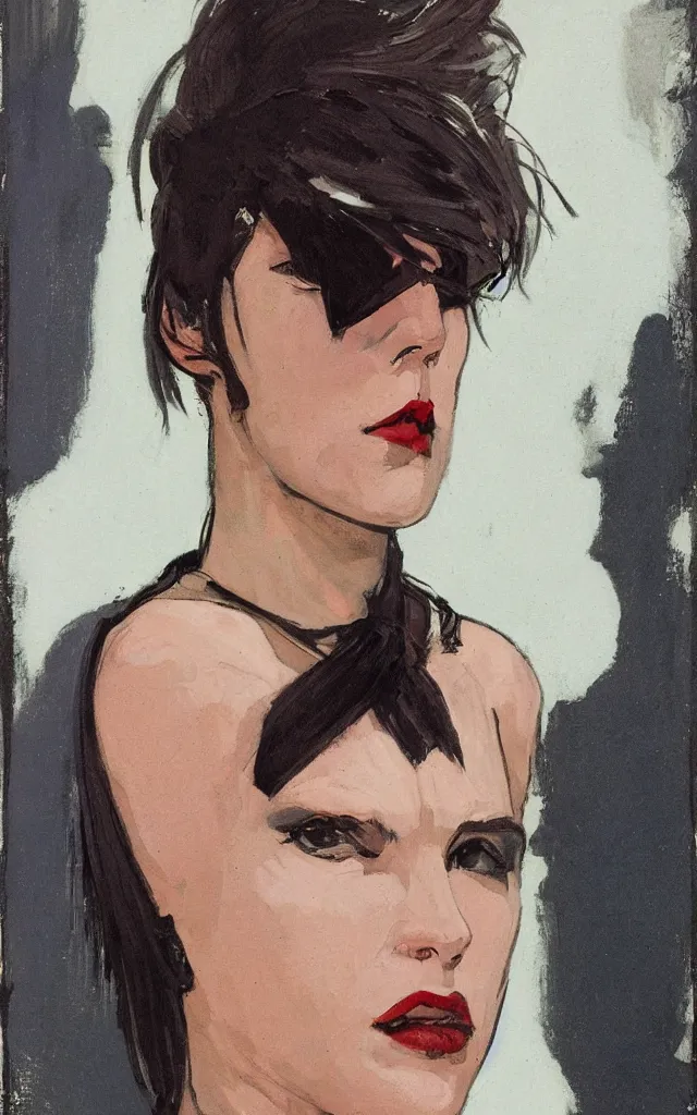 Prompt: portrait of an androgynous glam rocker in the style of syd mead and john william waterhouse