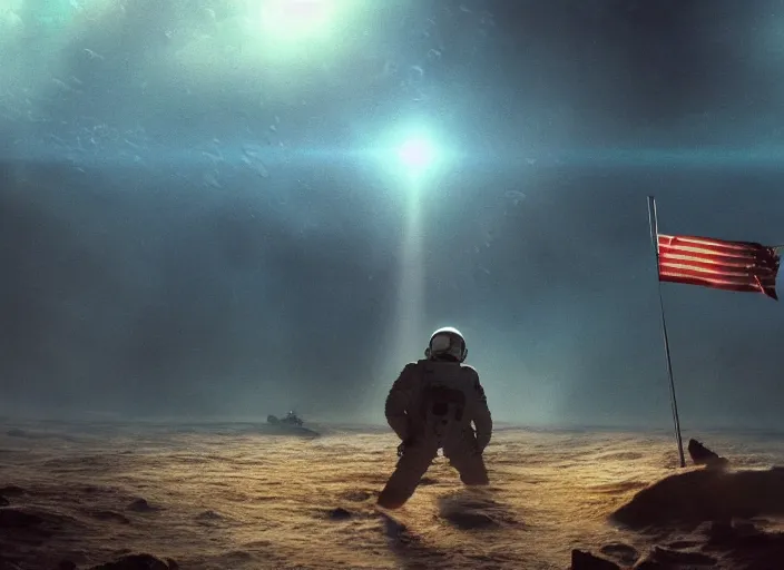 Image similar to astronaut holding a flag in an underwater desert. a submarine is visible in the distance. dark, concept art, cinematic, dramatic, atmospheric, 8 k, trending on artstation, blue, fish, low visibility, fog, ocean floor, christopher nolan, interstellar