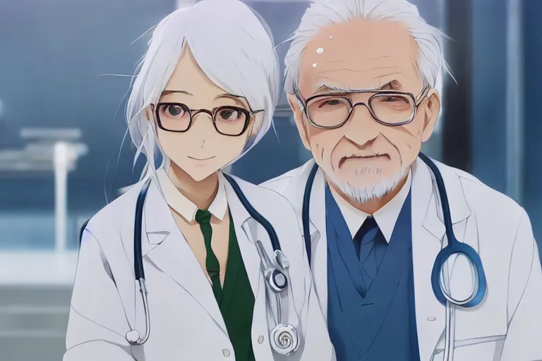 Image similar to a cute young female doctor wearing white coat, an old man of 80 years in a wheelchair, hospital ward, slice of life anime, cinematic, realistic, anime scenery by Makoto shinkai
