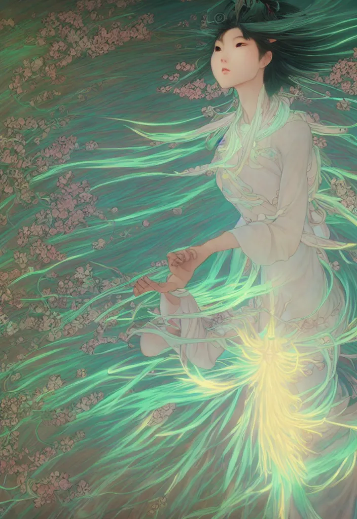 Prompt: glowing cloud, chinese taoist fairy goddess. hyper detailed, character concept, full body, dynamic pose, intricate, lineart, cerpuscular rays, lily flowers. by yoshitaka amano, alfons mucha and makoto shinkai. 8 k