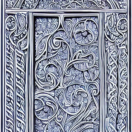 Image similar to single line drawing of an intricate carved woodwork, blue ink pen