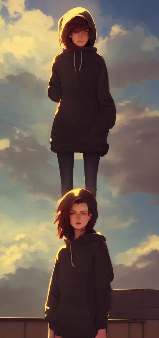 Image similar to a beautiful british woman with short brown hair, gentle, somber amber eyes, standing on a rooftop, storm in the distance, oversized hoodie that goes down to the knees, digital art by makoto shinkai ilya kuvshinov and wojtek fus, digital art, concept art,