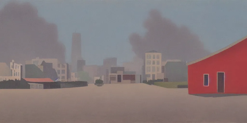 Prompt: In the foreground is a small red house, and in the background is the smoky Shanghai City, George Ault painting style.