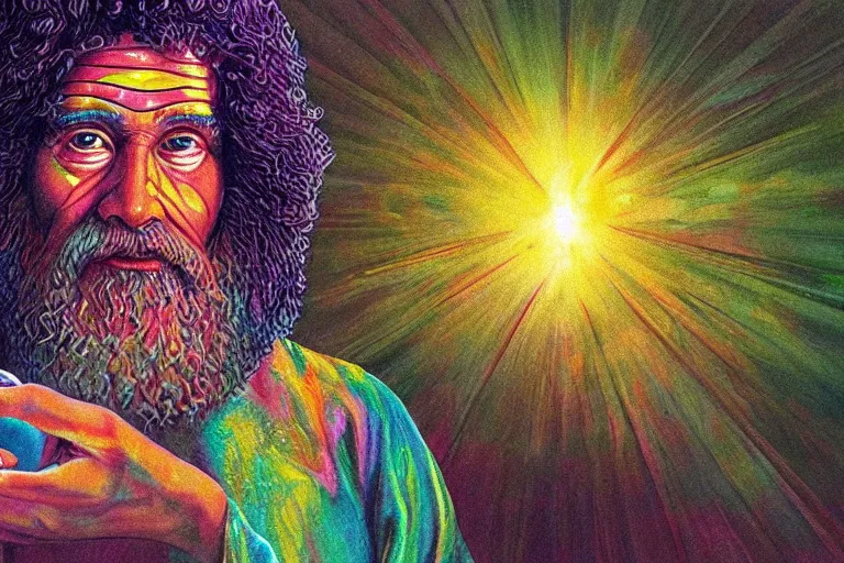 Prompt: bird's eye view of a god transubstantiating into a human being, highly detailed, realistic, as drawn by bob ross and lisa frank