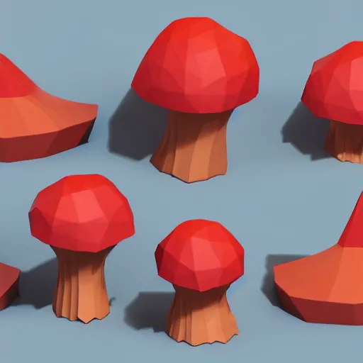 Image similar to Matte 3d low poly icon of a red mushroom, lat lighting, isometric perspective on pure white background, soft shadows, 3d render,