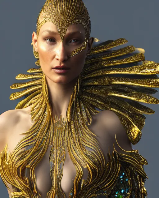 Image similar to a highly detailed metahuman 4 k close up render of an alien goddess bella hadid monument tool music videos in iris van herpen dress schiaparelli in diamonds crystals swarovski and jewelry iridescent in style of alphonse mucha gustav klimt trending on artstation made in unreal engine 4