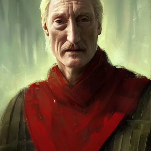 Image similar to portrait of a man by greg rutkowski, he looks like charles dance, star wars expanded universe, he is about 7 0 years old, wearing white and red chancellor clothes of the galactic triunvirate.