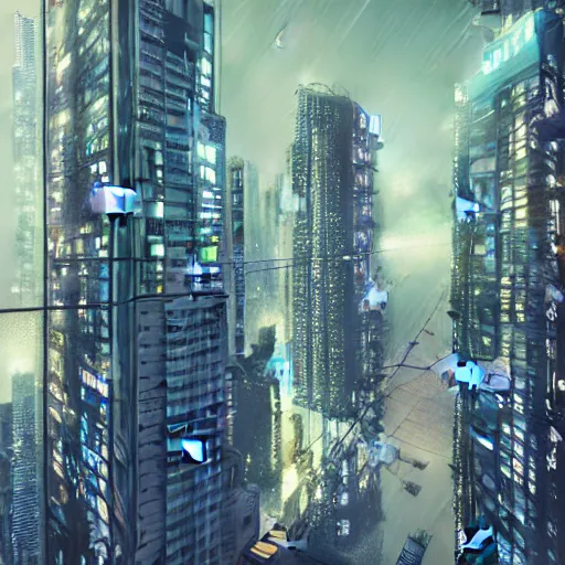 Prompt: looking outside from a penthouse suite at the top of the highest skyscraper in the middle of a cyberpunk city at night in rain, very detailed, beeple, trending on artstation, cinematic