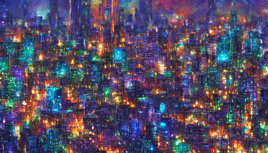 Prompt: a cityscape at night made of sapphires, emeralds, and rubies, matte art, 4k