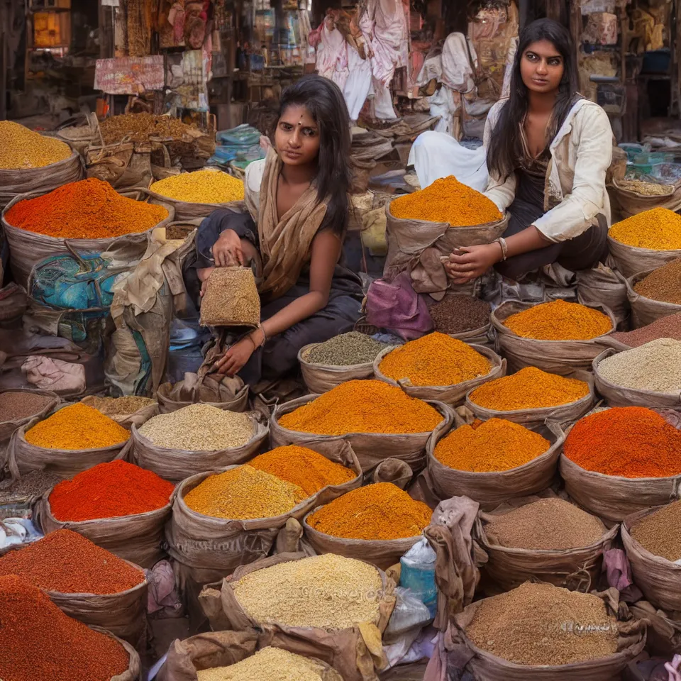 Prompt: young indian woman standing in a spice market weighing out spices, masterful intricate artwork, high detail 8 k