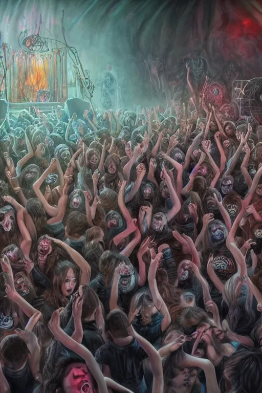 Image similar to a death metal band playing on a little kid party, mosh pit, wide angle, super highly detailed, professional digital painting, artstation, concept art, smooth, sharp focus, no blur, no dof, extreme illustration, Unreal Engine 5, Photorealism, HD quality, 8k resolution, cinema 4d, 3D, beautiful, cinematic, art by artgerm and greg rutkowski and alphonse mucha and loish and WLOP