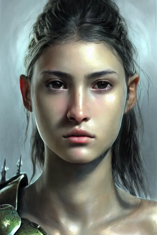 Prompt: a photorealistic painting of an attractive young girl, partially clothed in metal-plated battle armor, scratched and dirty, olive skin, long dark hair, beautiful bone structure, symmetrical face, perfect eyes, intricate, elegant, digital painting, concept art, illustration, sharp focus, minimal artifacts, volumetric lighting, from Metal Gear, in the style of Ruan Jia and Mandy Jurgens and Greg Rutkowski, trending on Artstation, award winning