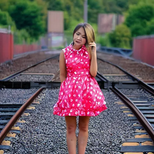 Prompt: hello kitty, wearing a watermelon dress, waiting by the train tracks