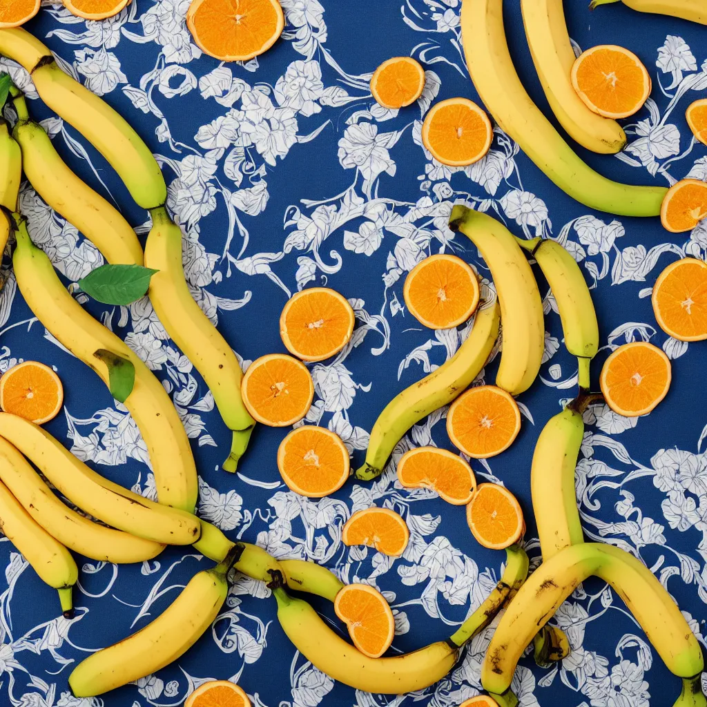 Prompt: very long circular bananas with cut orange slices and leaves, on art nouveau embroidered designer plate with flowery pattern closeup, hyper real, food photography, high quality