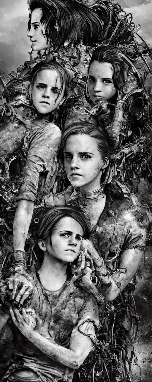 Image similar to photorealistic Emma Watson conjoined closeup angry tired fighting yelling warface face vascular nerve bundles fractal mecha spinal chord fractal armour twinned conjoined sisters action poses dishevelled photorealistic portrait grimy sweating bloody oily wet face dirty t-shirt and torn jeans in broken biomechanical fractal armour abandoned exploding sci-fi abandoned coal power station being reclaimed by the jungle, cinematic lighting, dark and dim atmospheric smog trending on artstation 8k matte painting, dramatic lighting, dramatic shadows professional photograph by Patrick Demarchelier, Sparth and Greg Rutkowski