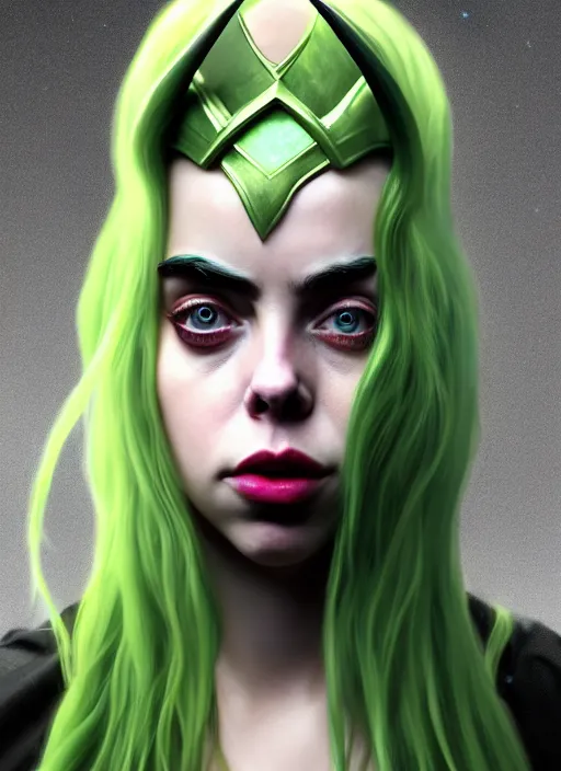 Prompt: Billie Eilish as Female Loki, Goddess of Mischief, sci fi, elegant, olive skin color, hyper realistic, hyper detail, very detailed, digital art, trending on artstation, smooth render, 8k octane render,