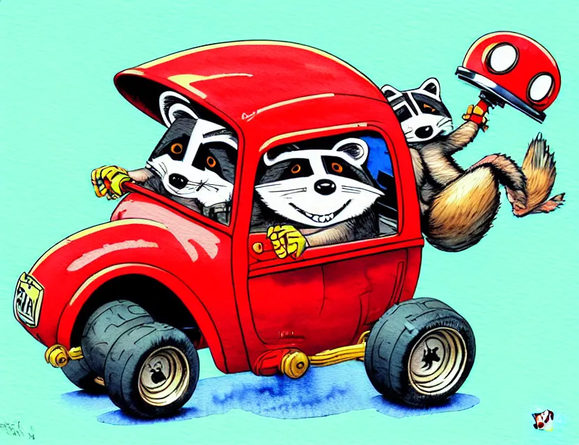 Prompt: cute and funny, < racoon wearing a red helmet > riding in a tiny hot rod with oversized engine, ratfink style by ed roth, centered award winning watercolor pen illustration, isometric illustration by chihiro iwasaki, edited by range murata, tiny details by artgerm and watercolor girl, symmetrically isometrically centered