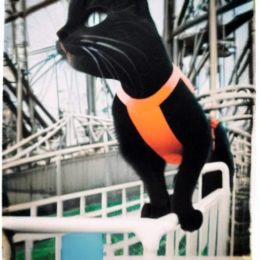 Prompt: black cat on a rollercoaster. focus on cats face. sunlight. polaroid photo. bright colors.