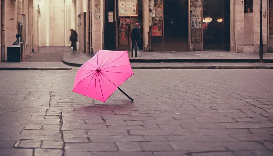 Image similar to street of paris photography, a pink umbrella on the floor, cinestill 8 0 0 t, in the style of william eggleston
