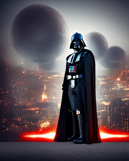 Image similar to matte portrait of darth vader, burning city background, high production value, intricate details, high resolution, hdr, high definition, masterpiece, realistic, ultrarealistic, highly detailed, hd, sharp focus, non blurry, sharp, smooth