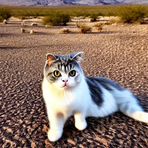 Prompt: a photo of scottish fold cat wearing cowboy hat, posing in the deserted us desert ghost town