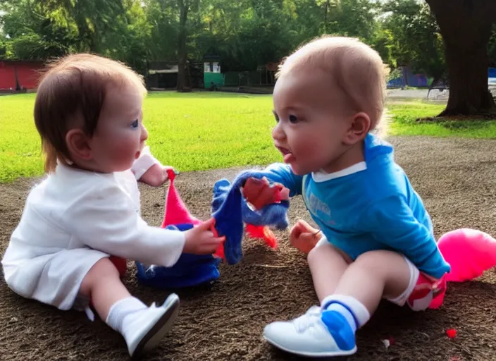 Image similar to a demon baby and an angel baby playing together after school