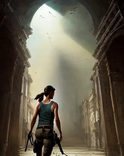 Prompt: lara croft exploring an italian opera house as she hides from numerous musclebound male goons patrolling the area, by wlop, greg rutkowski and peter mohrbacher, extremely detailed shading, concept art, digital painting, trending on artstation, unreal engine 5, octane render, atmosphere, lens flare, glow, cinematic lighting, full of color