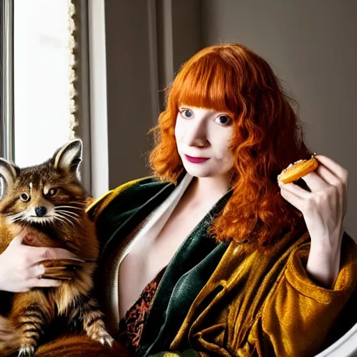 Image similar to a stunning hyper-detailed closeup portrait photo of a slender beautiful smiling woman with long ginger hair and bangs, wearing a luxurious silk robe, wearing headphones and posing with her large ginger tabby cat and her raccoon and parrots in an overstuffed easy chair in her sunlit victorian living room, holding a porcelain parrot-shaped coffee mug and a donut, perfect eyes, fashion photography, octane render, unreal engine, 85 mm lens,