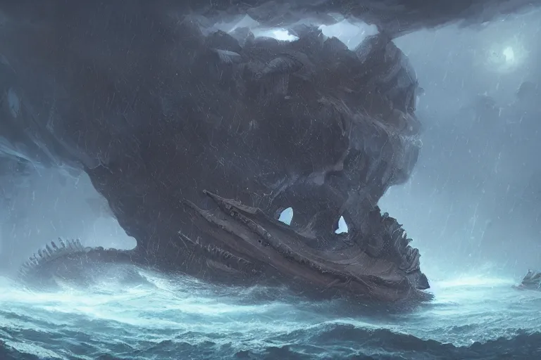 Image similar to Scylla and Charybdis, The Argo, Ancient Greek Trireme, Plows through storm tossed ocean waves, enormous Krakens, threaten from a rocky caves, the air is alive with rain lighting and fear by Jessica Rossier and HR Giger cinematic concept painting