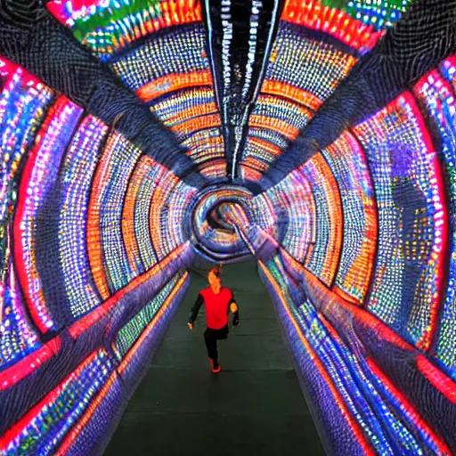 Image similar to terrified young man in a straightjacket running toward you in the Bund Sightseeing Tunnel, Shanghai, China by Alex Grey and Jeffrey Smith