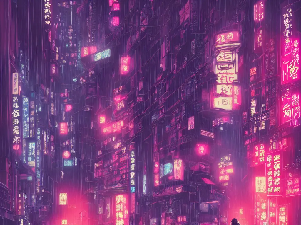 Image similar to high detailed lone geisha in a cyberpunk rainy city at night by Josan Gonzalez, pink and blue neons, unreal engine, high quality, 4K, UHD, trending on ArtStation, wires, blade runner vibes, ghost in the shell, akira, dorohedoro