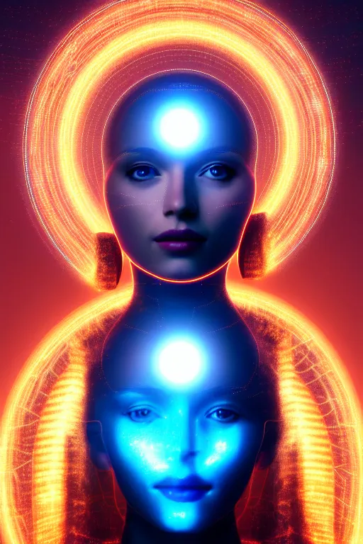 Image similar to portrait of the goddess of artificial intelligence as a holohram of a beautiful girl, in front of a shining orb of data, threads of light in the background, detailed eyes, extremely high quality artwork, very detailed, trending on artstation