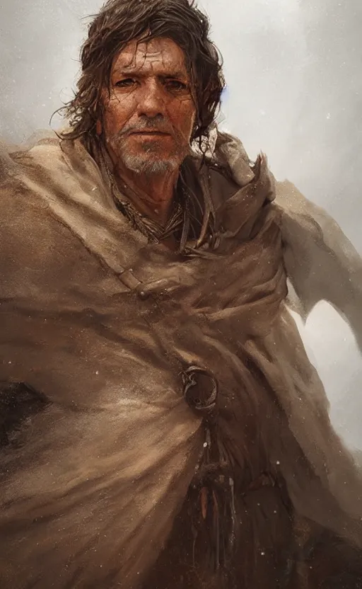 Prompt: Portrait of a middle aged man wearing a rough traveller's cloak, male, detailed face, fantasy, highly detailed, cinematic lighting, digital art painting by greg rutkowski