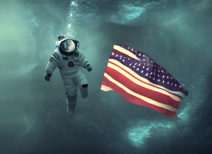 Prompt: dark claustrophobic underwater photo of an astronaut underwater putting a flag on the bottom of the ocean. in the background, a submarine is visible. dark, concept art, cinematic, dramatic, blender, photorealistic, octane render, 8 k, volumetric lighting, trending on artstation