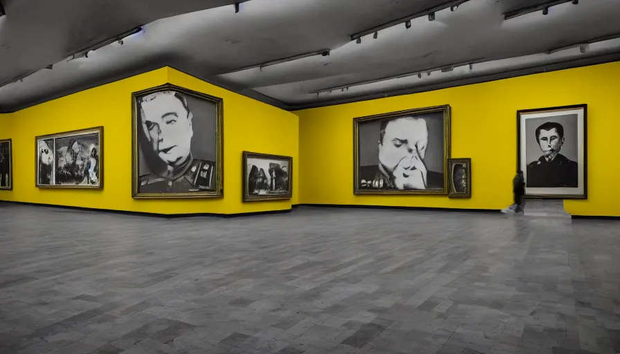 Image similar to 60s movie still of a sovietic stalinist style empty art museum with a soviet congress with yellow wall, canon 5d, liminal Space style