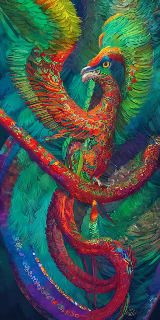 Prompt: colorful and festive captivating quetzalcoatl, quetzal feathers, rich vivid colors, ambient lighting, dynamic lighting, 4 k, atmospheric lighting, painted, intricate, highly detailed by charlie bowater