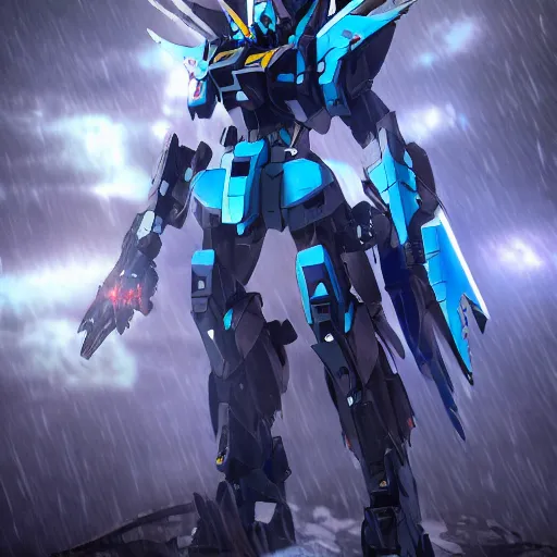 Image similar to Azure Wolf 🐺 GUNDAM on a futuristic cyberpunk city under heavy rain, cinematic lighting, Lightning arc plasma, symmetric full body azure GUNDAM mecha, GUNDAM wing style armor, GUNDAM armor, samurai armor, mortar heads, mech suit, full body armor, lamellar armor, exoskeleton, post processing, ultra detailed, trending on artstation