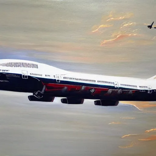 Prompt: a painting of a boeing 7 4 7 jumbo jet, painted in the style of davinci