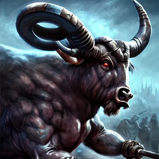 Image similar to epic bull headed minotaur beast in heavy armor made of silver and wielding giant axe, artwork, vivid colors, concept art, greek mythology, detailed, modern design, dark fantasy, digital painting, artstation, d&d