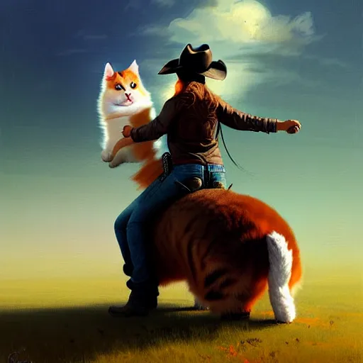 Image similar to fluffy cat in cowboy hat like a tiny girl riding on the back of a giant corgi by greg rutkowski