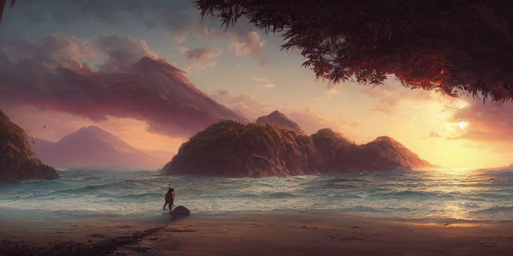 Image similar to beautiful hyper realistic island scenery at sunset, sand, tropical plants, albumcover, beautiful painting by greg rutkowski, ross tran, wlop, set in lord of the rings, starcraft, atmosphere, ethereal, magic, amazing, positive vibes