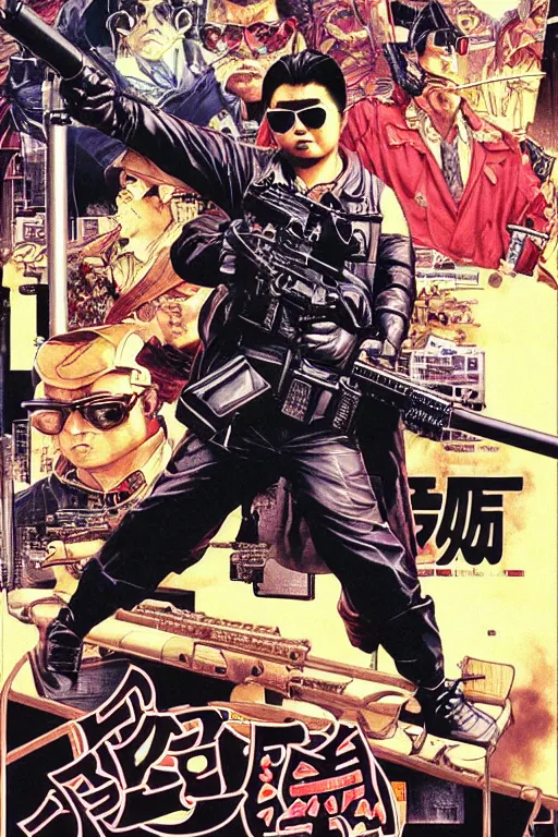 Image similar to poster of chow yun - fat wearing shades and shooting guns, by yoichi hatakenaka, masamune shirow, josan gonzales and dan mumford, ayami kojima, takato yamamoto, barclay shaw, karol bak, yukito kishiro