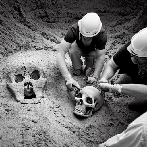 Image similar to a team of archeologists uncovering the skull of a giant. Award winning photography. 15mm lens