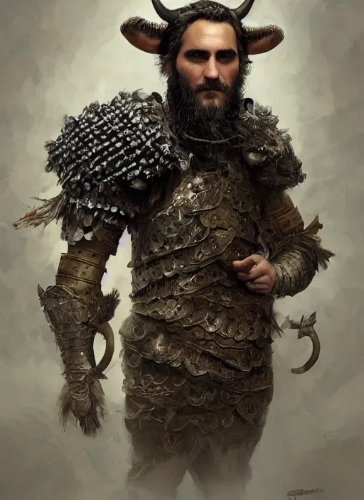 Image similar to digital painting of joaquin phoenix wearing armor made of animals, cow horns, pig nose, sheep wool, chicken feather armor, majestic, by anna podedworna and miklos ligeti, diego maricato, taran fiddler, antonino truisi, chris reddie, jinsung lim, on artstation