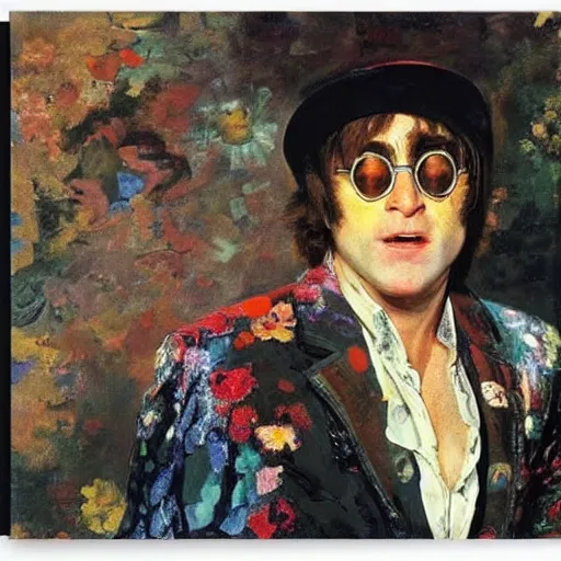 Image similar to portrait of ultra crazy elton john lennon in 1 9 7 0 by ilya repin