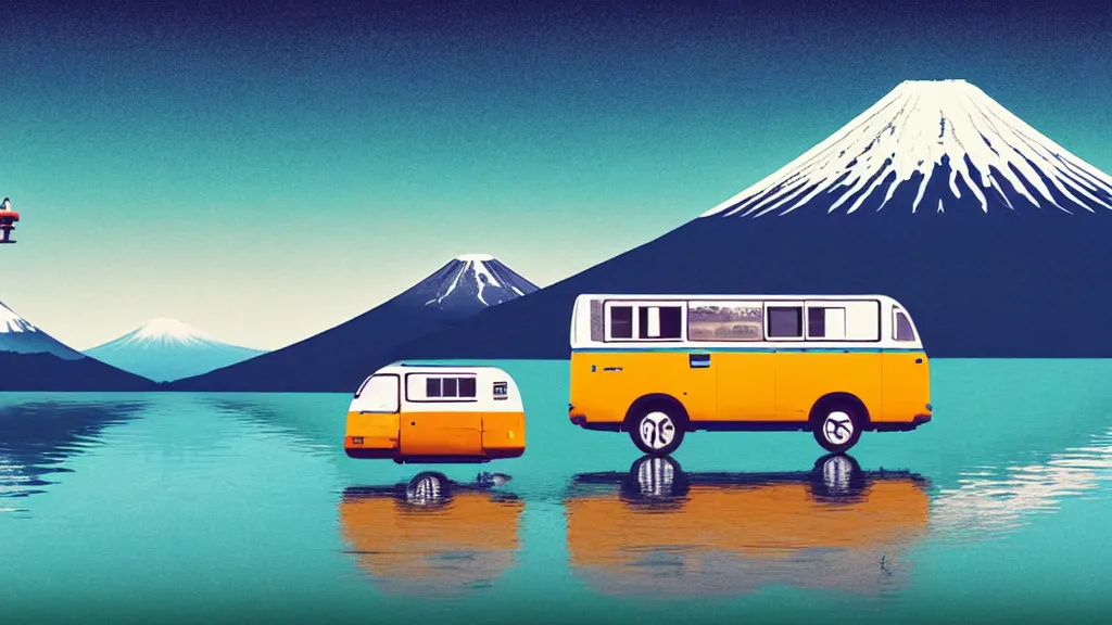 Image similar to a scene of two travellers and their camper touring at yamanaka lake, reflecting mount fuji, japan, a collage painting, in the style of wes anderson, lola dupre, david hockney, isolated on negative white space background dark monochrome neon spraypaint accents volumetric octane render