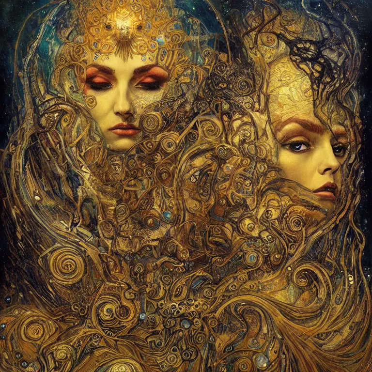 Image similar to Divine Chaos Engine by Karol Bak, Jean Deville, Gustav Klimt, and Vincent Van Gogh, beautiful visionary mystical portrait, sacred, otherworldly, fractal structures, Surreality, ornate gilded medieval icon, third eye, spirals, horizontal symmetry